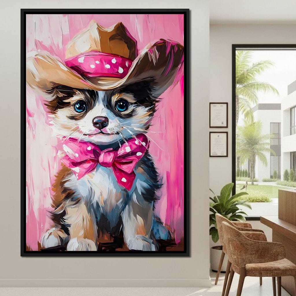 Cute Cowboy Puppy Pink Bow Charm Canvas Wall Art