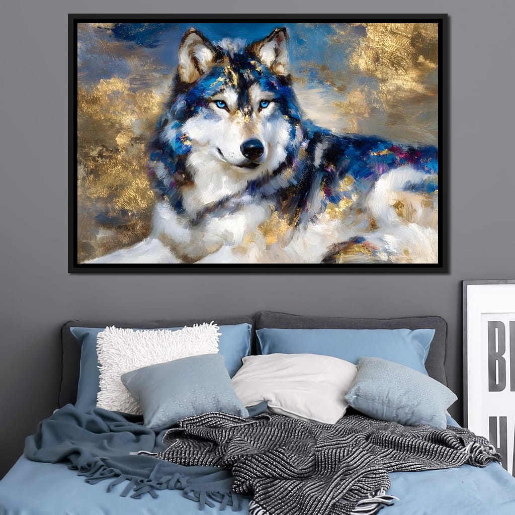 Sapphire Wolf Gold Radiance Canvas Wall Art