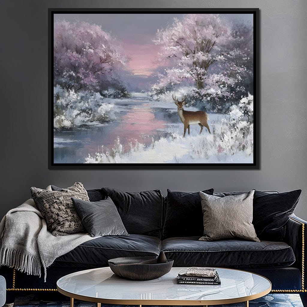 Winter River Deer Sunset Glow Canvas Wall Art