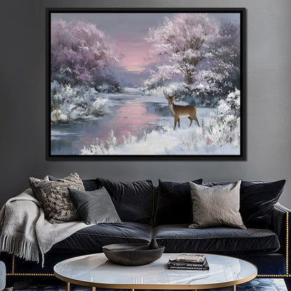 Winter River Deer Sunset Glow Canvas Wall Art