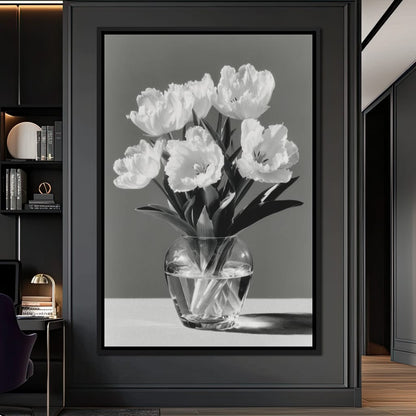 Monochrome Tulips Glass Vase Canvas Wall Art