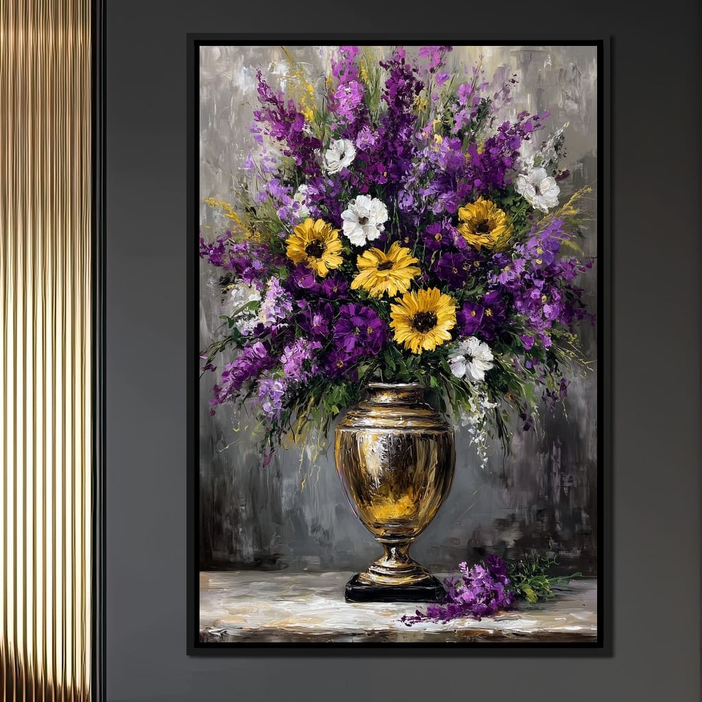 Golden Vase Violet Sunflowers Canvas Wall Art