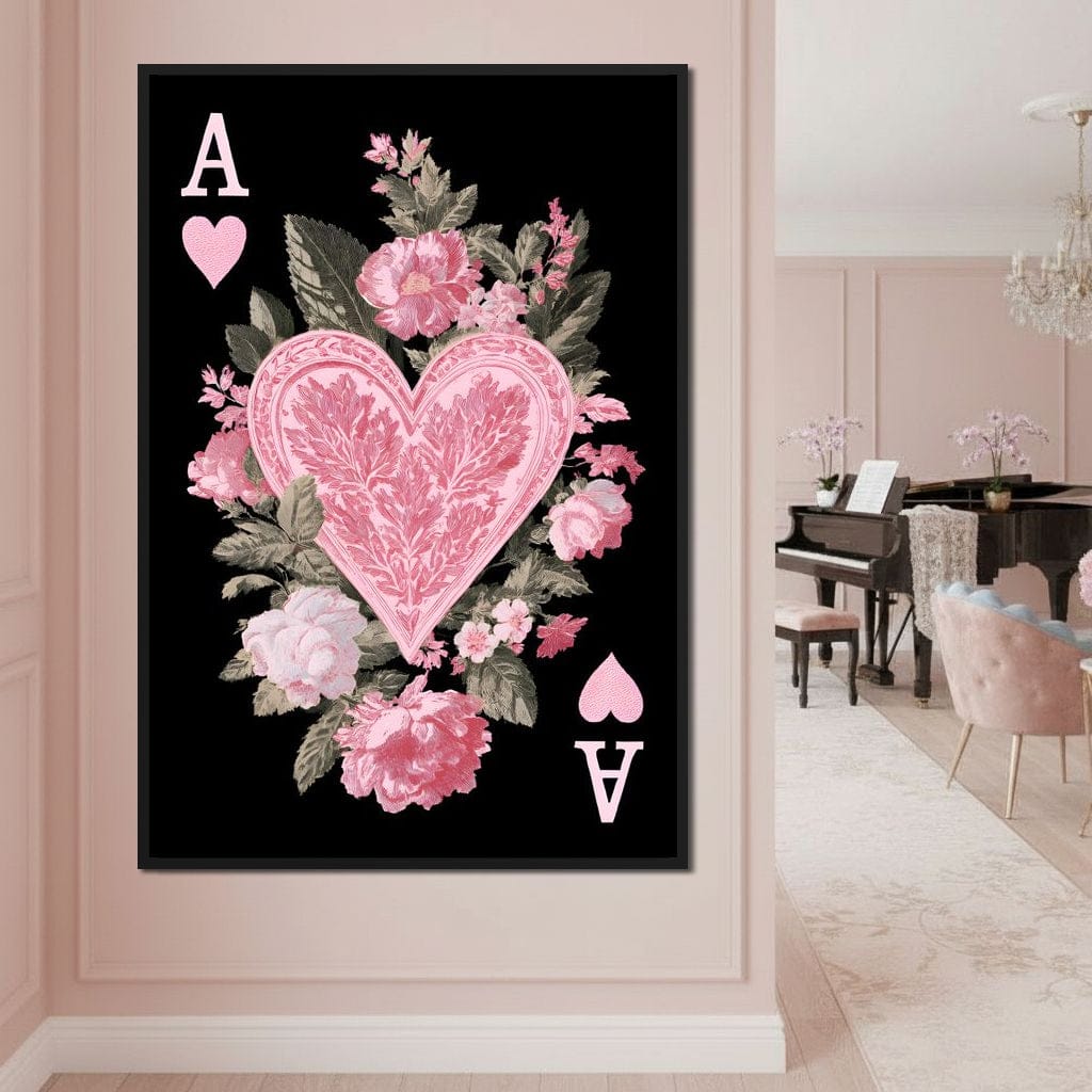 Floral Ace of Hearts Pink Rose Canvas Wall Art