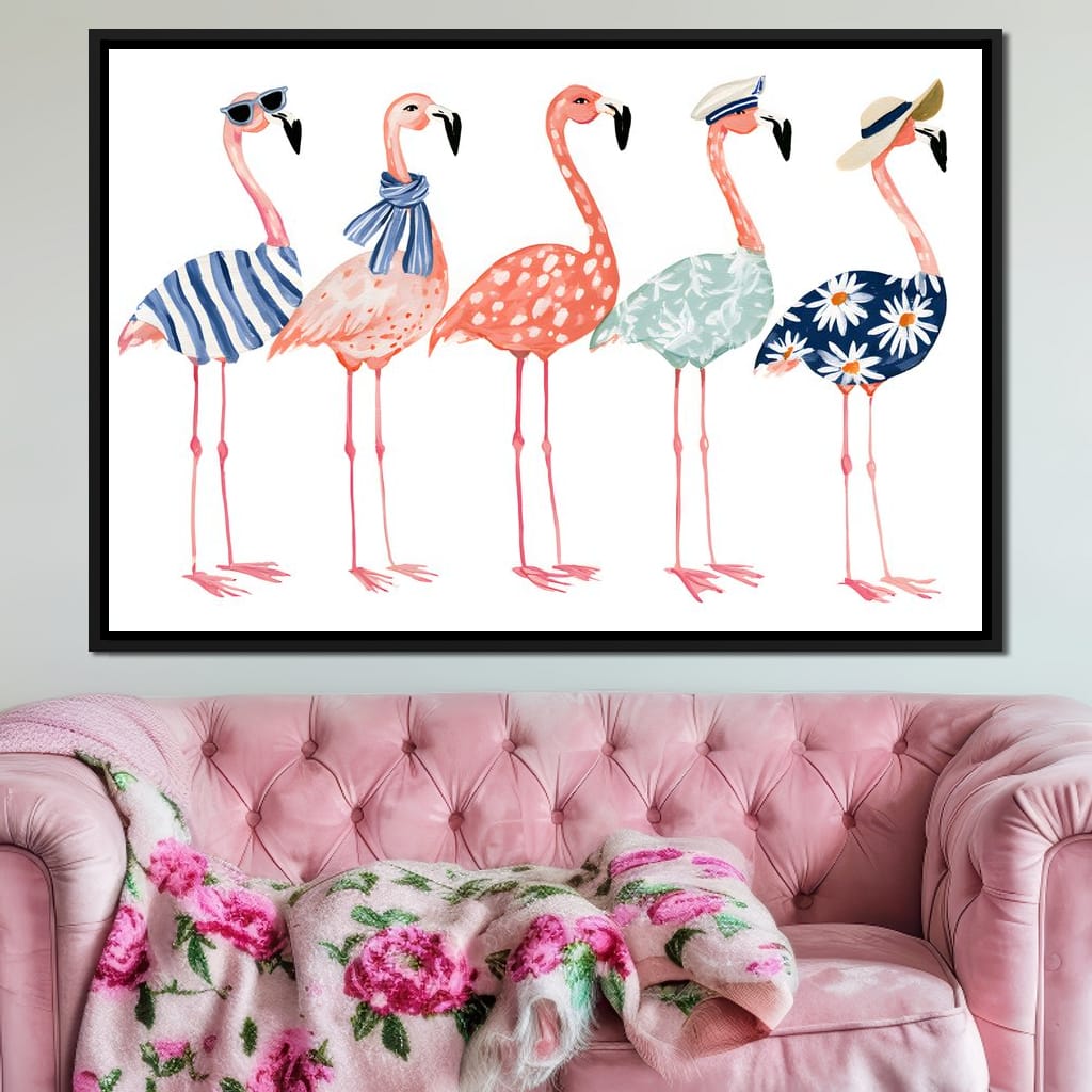 Five Stylish Flamingos on Summer Vacation Canvas Wall Art