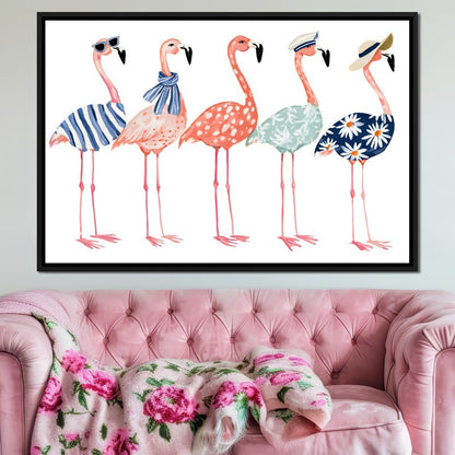 Five Stylish Flamingos on Summer Vacation Canvas Wall Art