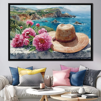Seaside Blooms and Straw Hat Canvas Wall Art
