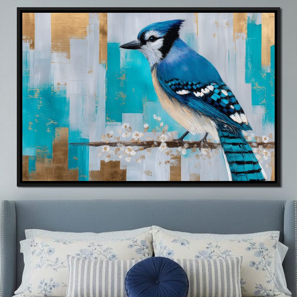 Blue Jay on Golden Birch Canvas Wall Art
