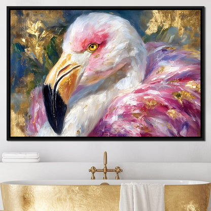 Golden Pink Flamingo Portrait Canvas Wall Art