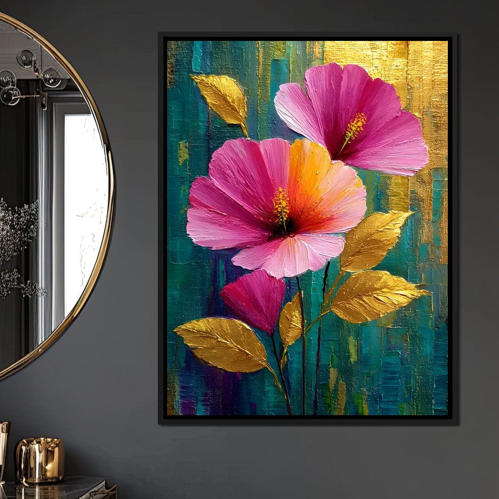 Teal Garden Golden Petals Flourish Canvas Wall Art