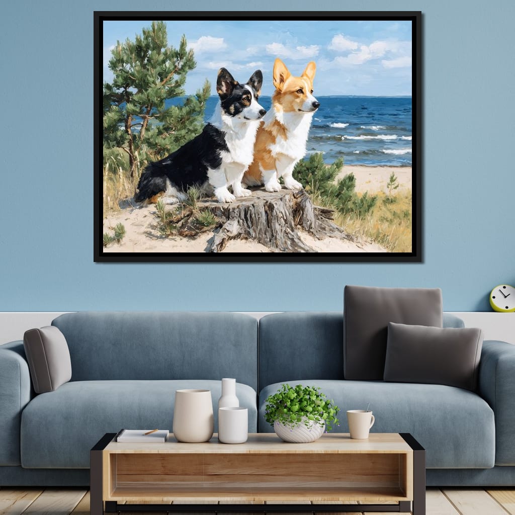 Coastal Corgi Pair Lookout Canvas Wall Art