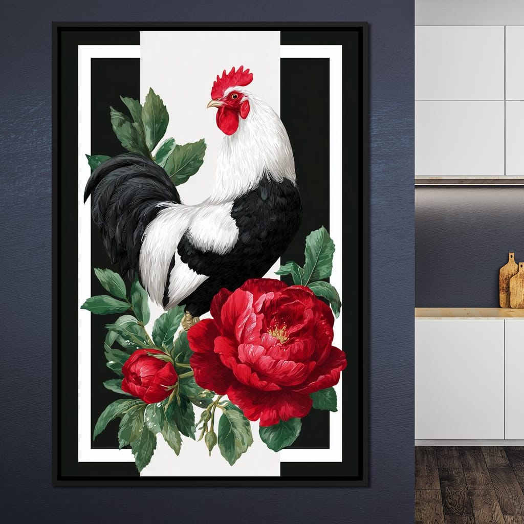 Rooster With Peony Garden Canvas Wall Art