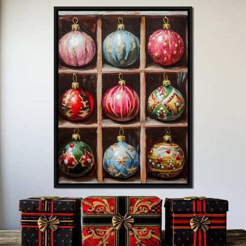 Vintage Christmas Ornaments Grid Canvas Wall Art