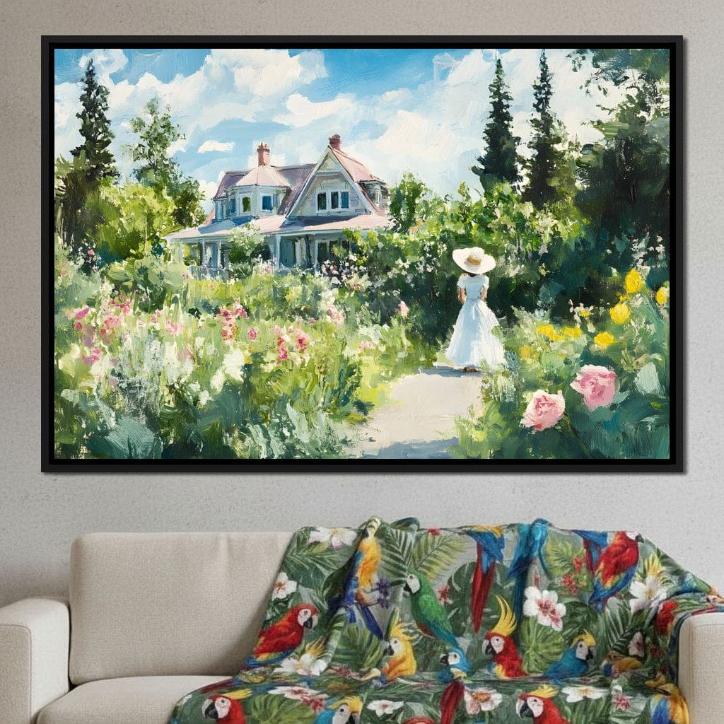 Sunlit Garden By Victorian House Canvas Wall Art