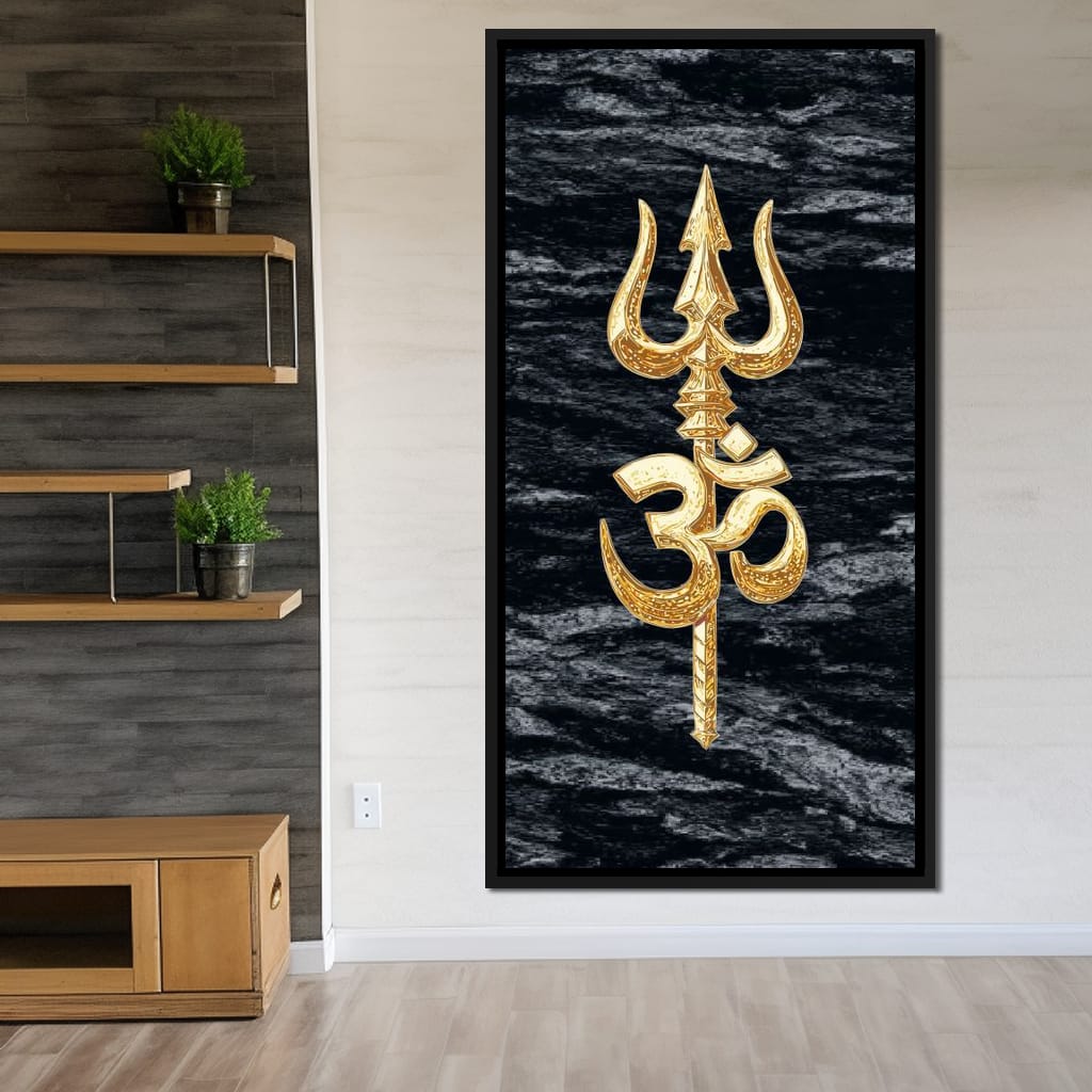 Golden Om Trishul Emblem Canvas Wall Art
