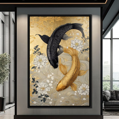 Koi Harmony with White Blossoms Canvas Wall Art