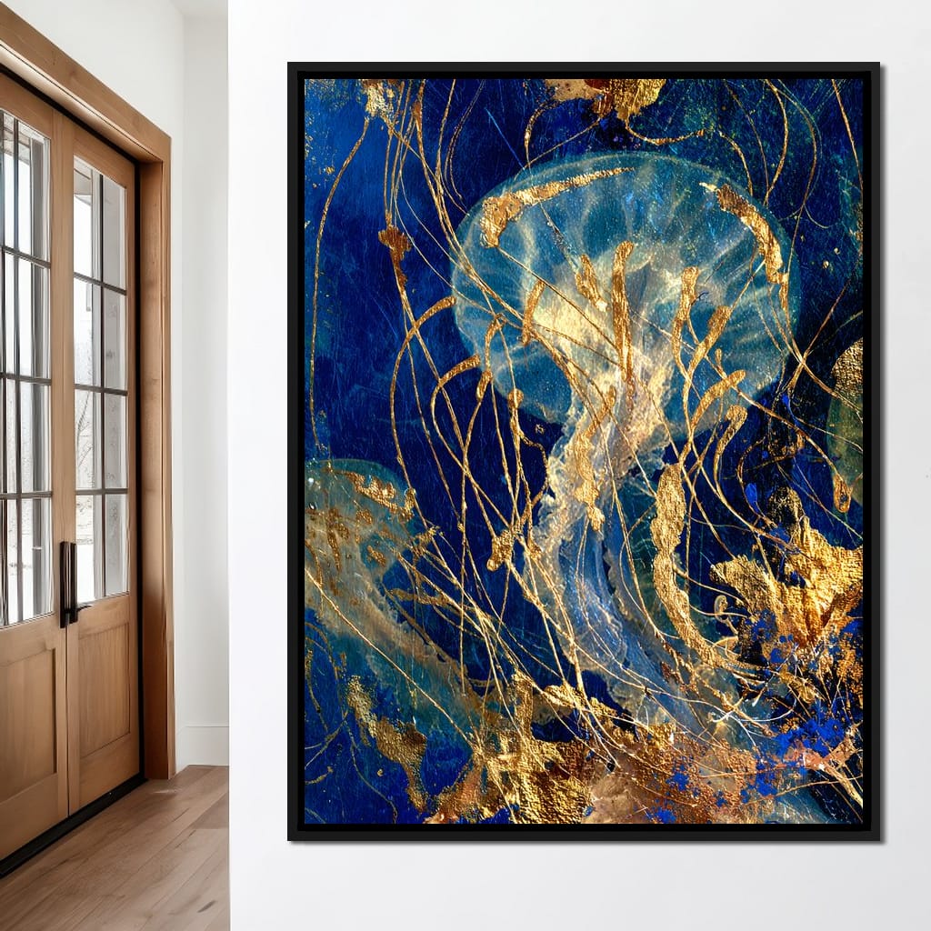 Golden Jellyfish Deep Blue Sea Canvas Wall Art