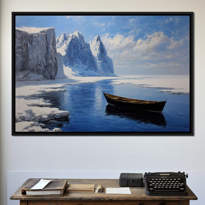 Silent Boat on Frozen Fjord Canvas Wall Art