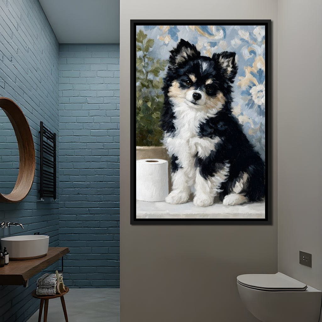 Playful Puppy Bathroom Guard Canvas Wall Art