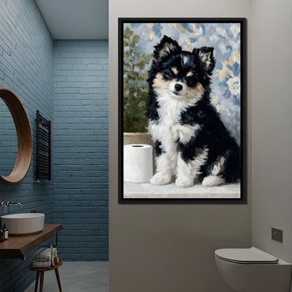 Playful Puppy Bathroom Guard Canvas Wall Art