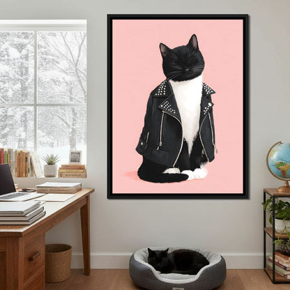 Biker Cat Attitude On Soft Pink Canvas Wall Art