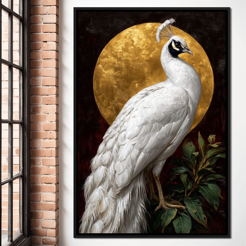 Golden Halo White Peacock Pose Canvas Wall Art