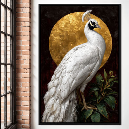 Golden Halo White Peacock Pose Canvas Wall Art
