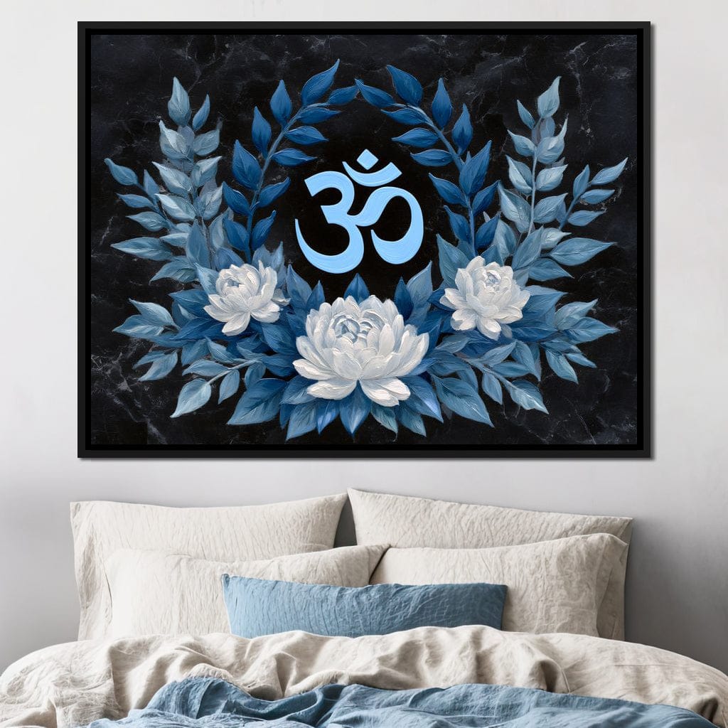 Om Symbol Blue Lotus Wreath Canvas Wall Art