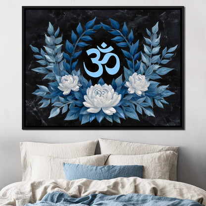 Om Symbol Blue Lotus Wreath Canvas Wall Art