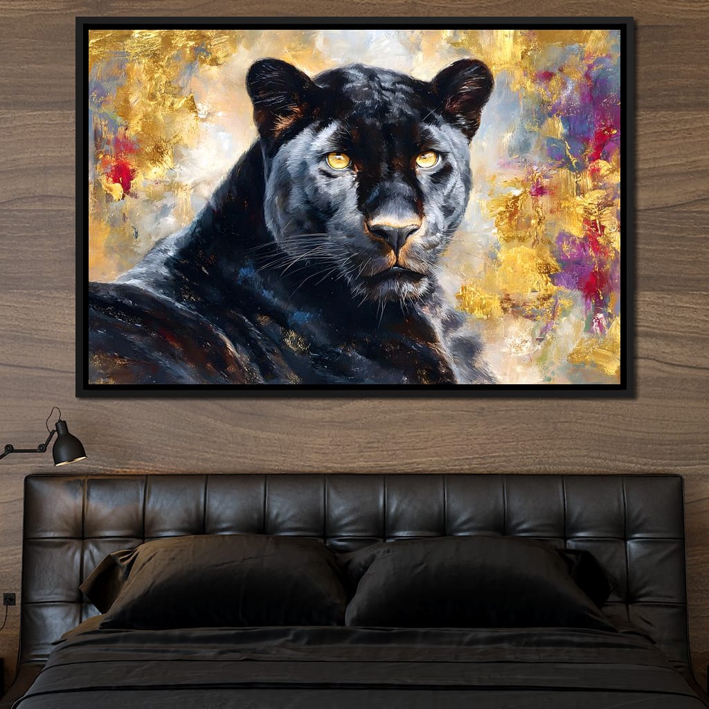 Golden Aura Black Panther Portrait Canvas Wall Art