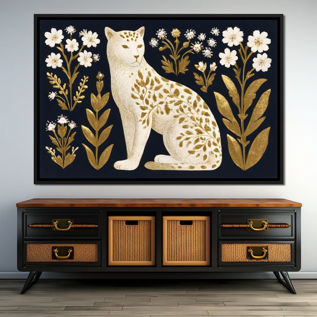 Golden Botanical Leopard Cat Canvas Wall Art