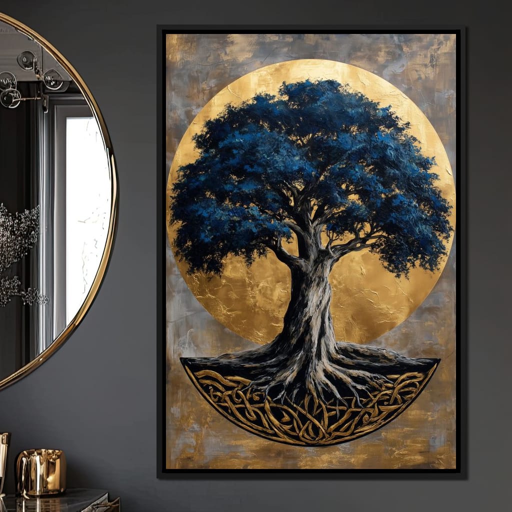 Golden Halo Blue Tree of Life Canvas Wall Art