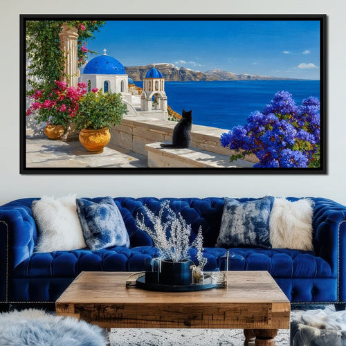 Santorini Blue Domes Cat Escape Canvas Wall Art
