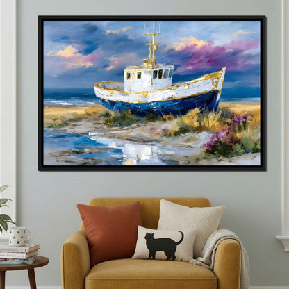 Coastal Boat Under Violet Sky Canvas Wall Art