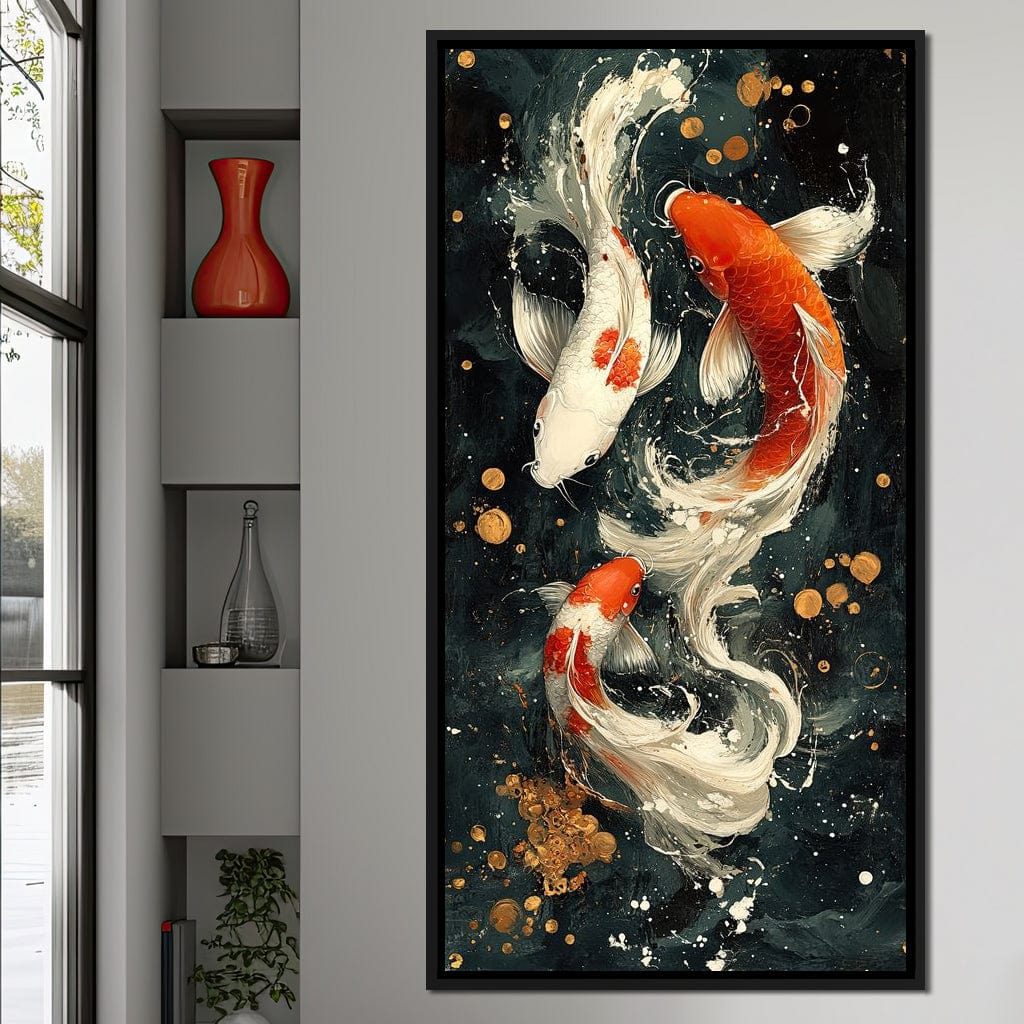 Koi Dance Under Golden Moon Canvas Wall Art