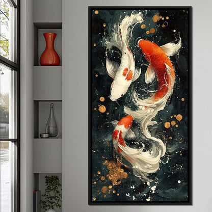 Koi Dance Under Golden Moon Canvas Wall Art