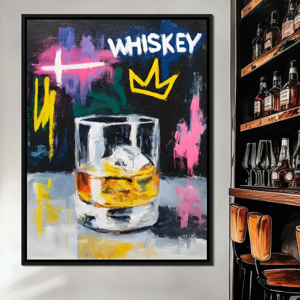 Whiskey Crown Rocks Glass Neon Canvas Wall Art
