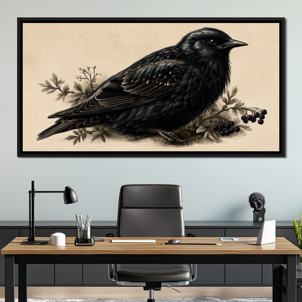 Solitary Starling Perched Upon Wild Berries Canvas Wall Art