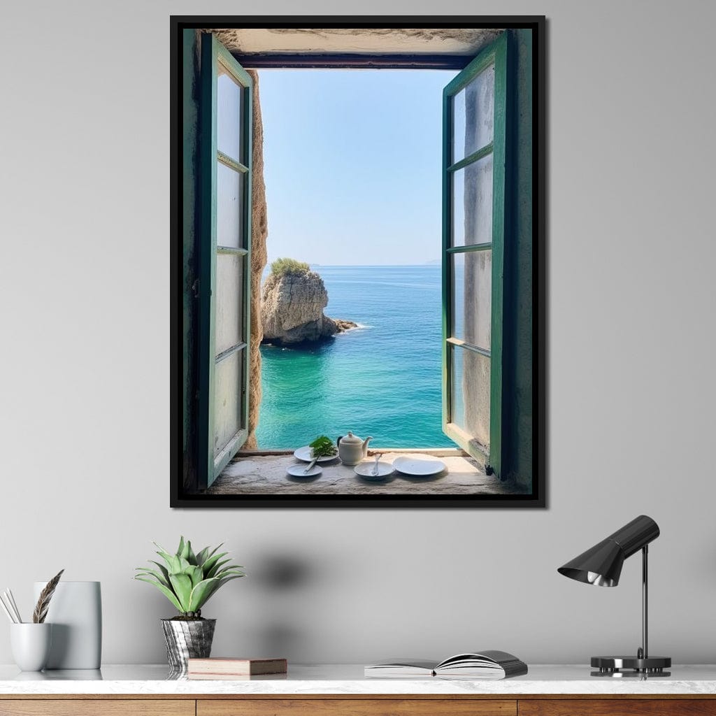 Oceanic Vista Through Wooden Pane Canvas Wall Art