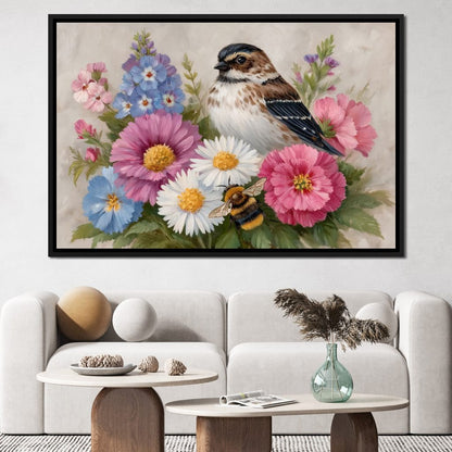 Garden Sparrow and Bumblebee Canvas Wall Art