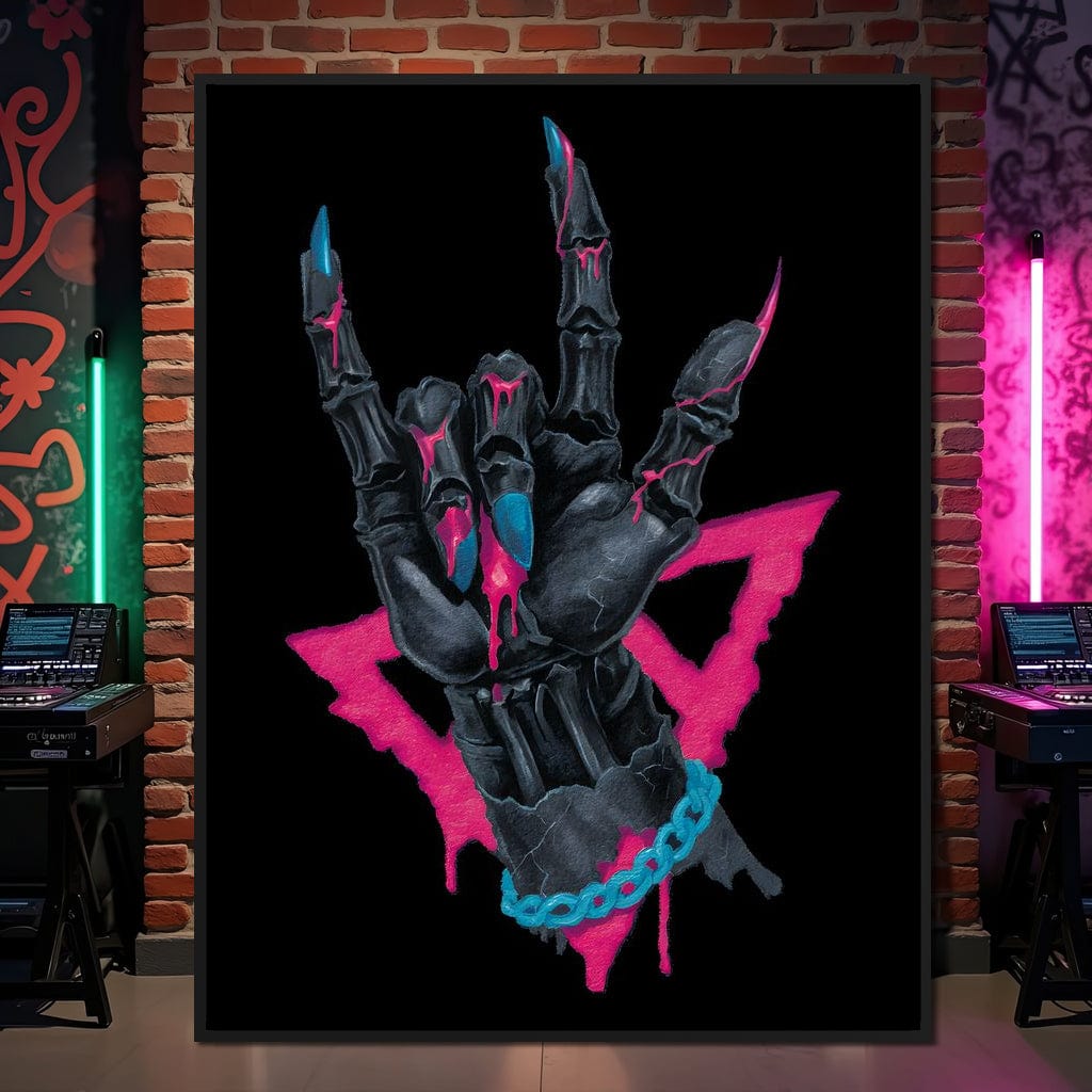Neon Skeleton Rock Hand Sign Canvas Wall Art