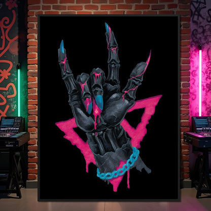 Neon Skeleton Rock Hand Sign Canvas Wall Art
