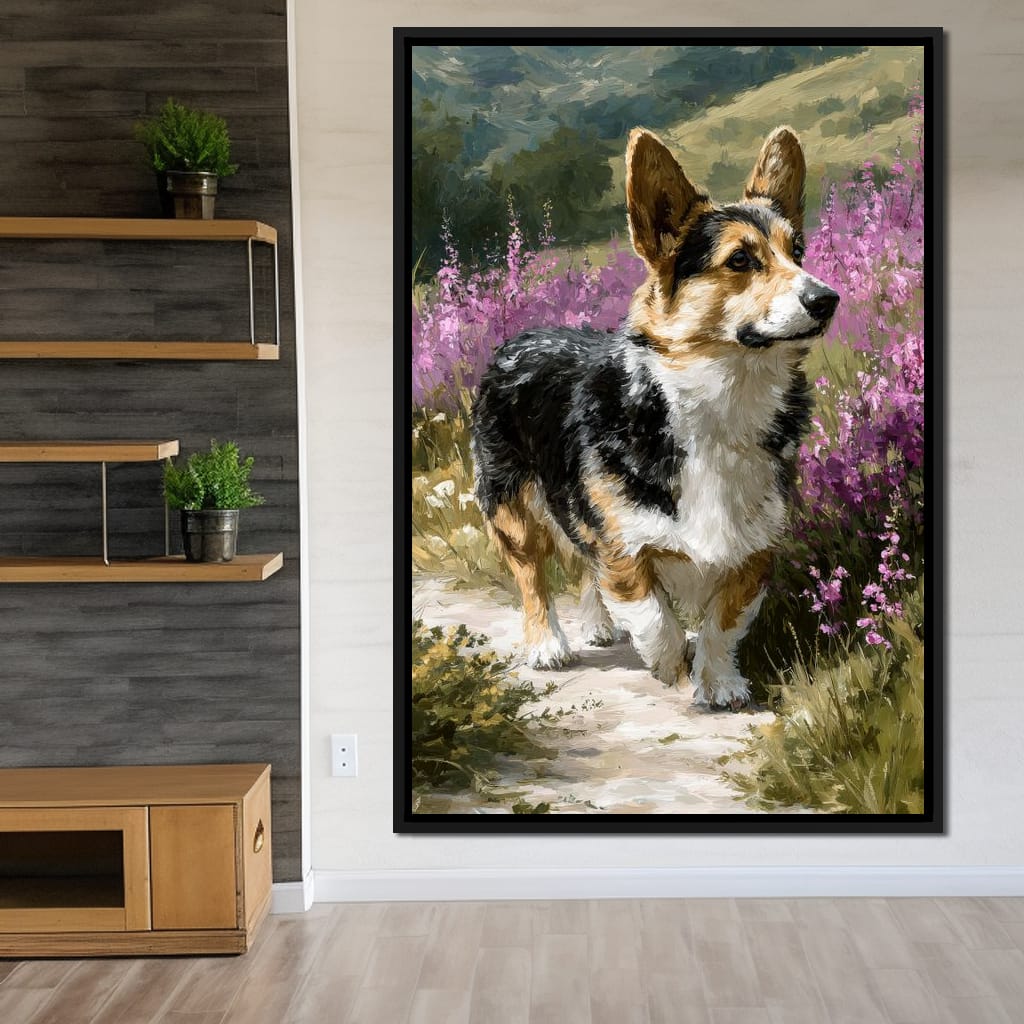 Corgi Along Heather Pathway Canvas Wall Art