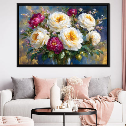 Golden Peonies on Blue Background Canvas Wall Art