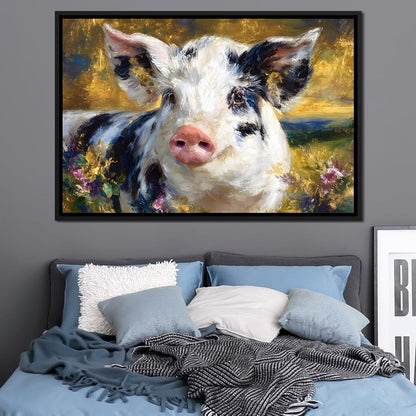 Golden Meadow Piglet Portrait Canvas Wall Art