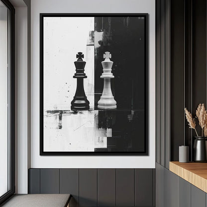 Strategic Chess Duel in Monochrome Canvas Wall Art