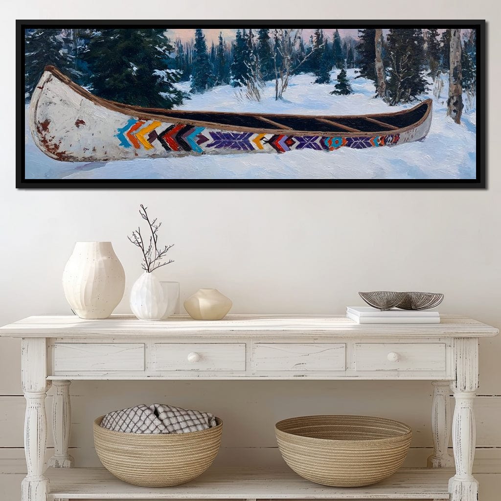 Painted Canoe Among Winter Pines Canvas Wall Art