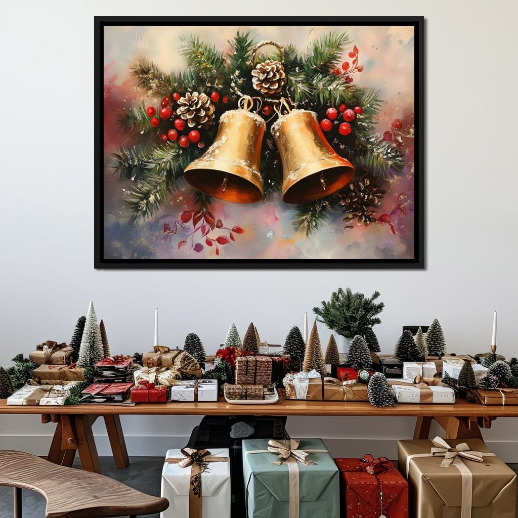 Golden Christmas Bells Garland Canvas Wall Art