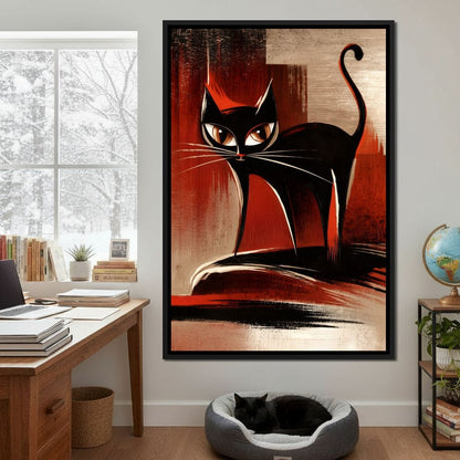 Mid Century Black Cat Stare Canvas Wall Art