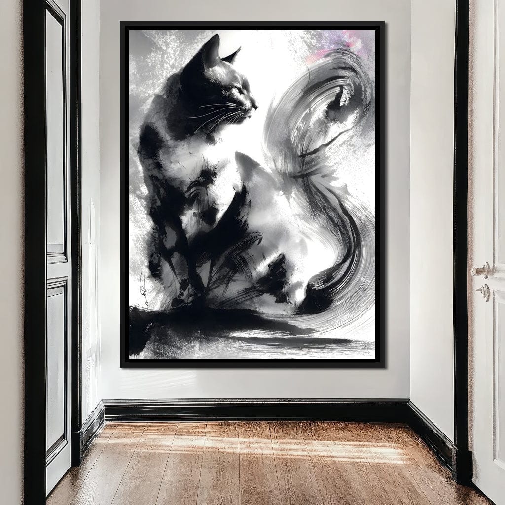 Sumi Ink Cat Reflecting Shadow Canvas Wall Art