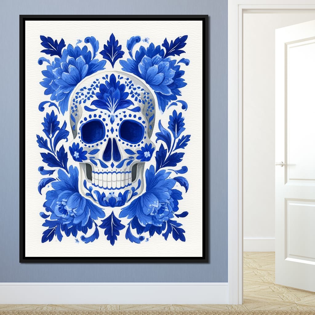 Blue Floral Sugar Skull Folkstyle Canvas Wall Art